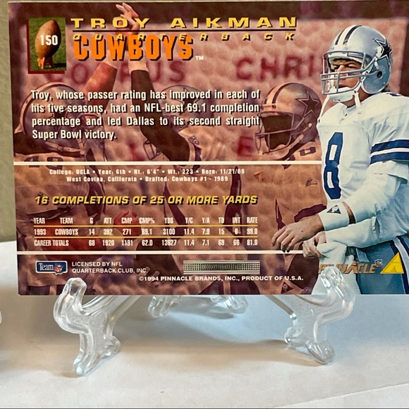 1994 Troy Aikman Pinnacle Football Card #150 Dallas Cowboys Gold Trophy - Picture 3 of 4